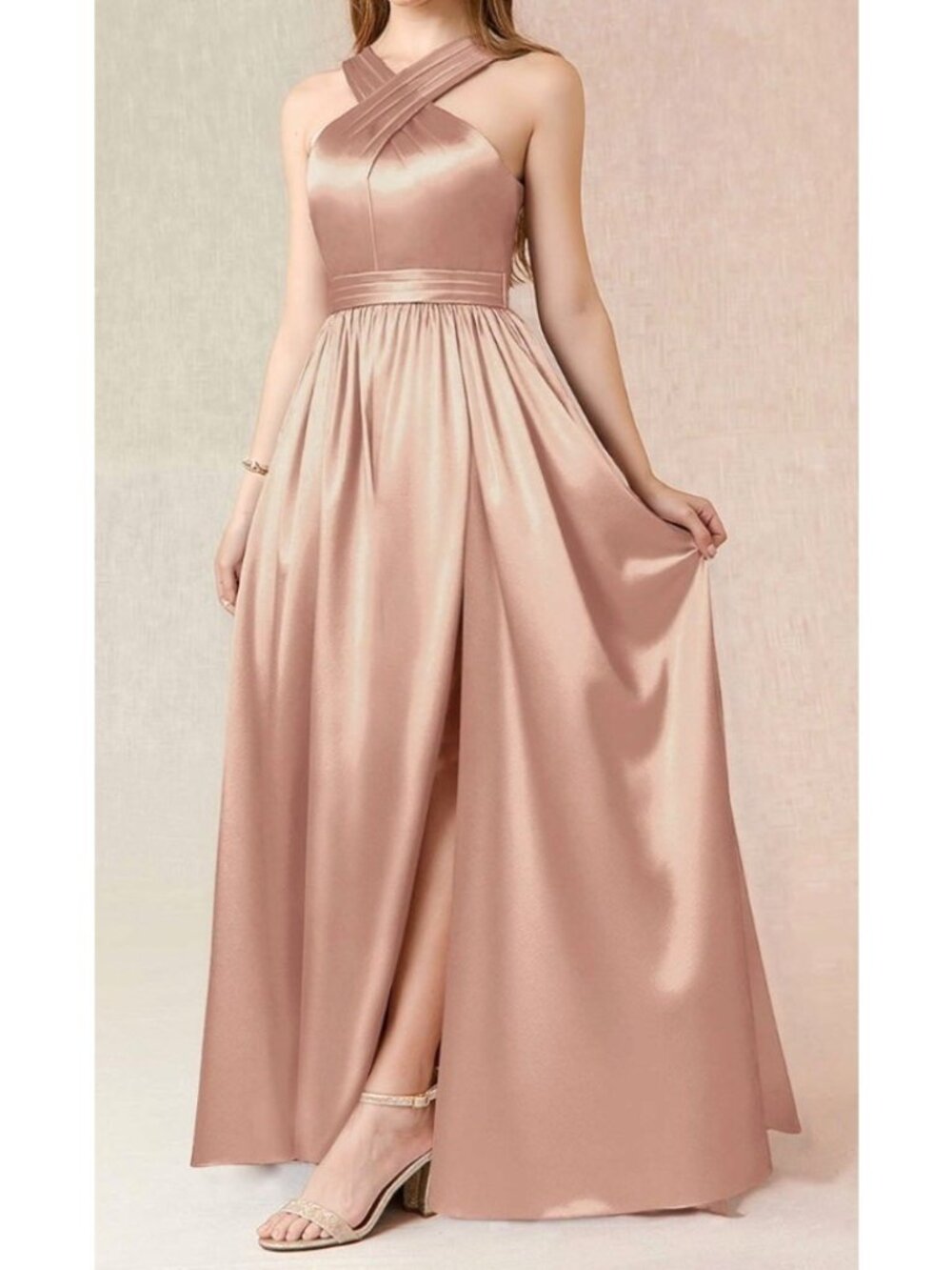 Azazie Women's Sz 0 Blushing Pink Satin Maxi Dress With Crisscross Straps